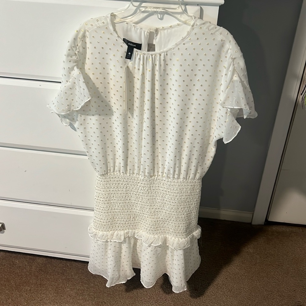 aqua smocked white short sleeve dress